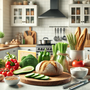 DALL·E 2024-08-28 14.34.28 - A realistic kitchen scene with a focus on preparing gluten-free meals. The scene includes fresh ingredients like vegetables, gluten-free bread, and co